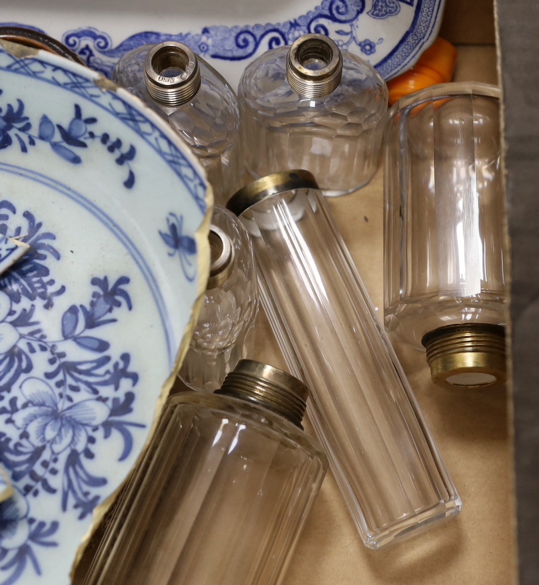 A quantity of mixed pottery, ceramics and glass toilet jars and a plated meat dome